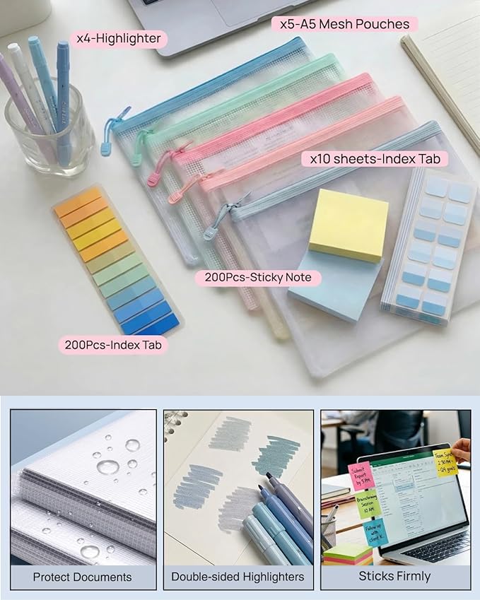 41Pcs Aesthetic Pink Office Supplies Set, All-in-One 5 Compartments Desk Organizer Kit with Large Capacity Pen Pouch, A5 Notebook for Women & Journaling (blue)
