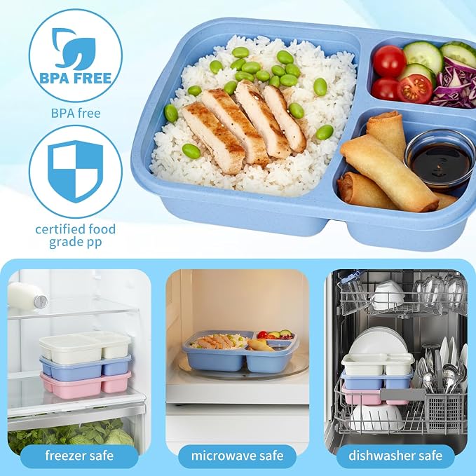4 Pack Bento Lunch Box Set, 3 Compartment Leakproof Stackable Food Containers, Reusable Wheat Straw Lunch Boxes for Adults Work and Travel