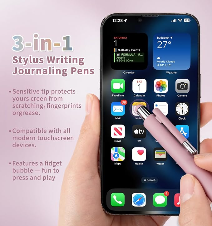 Gel Pens, 0.5mm Quick Dry Black Ink Pens Fine Point Smooth Writing Pens | 3-in-1 Stylus Retractable Gel Pen with Stylus tip, Cute Office School Supplies Gifts for Women Men (6 gel pens + 6 refills)