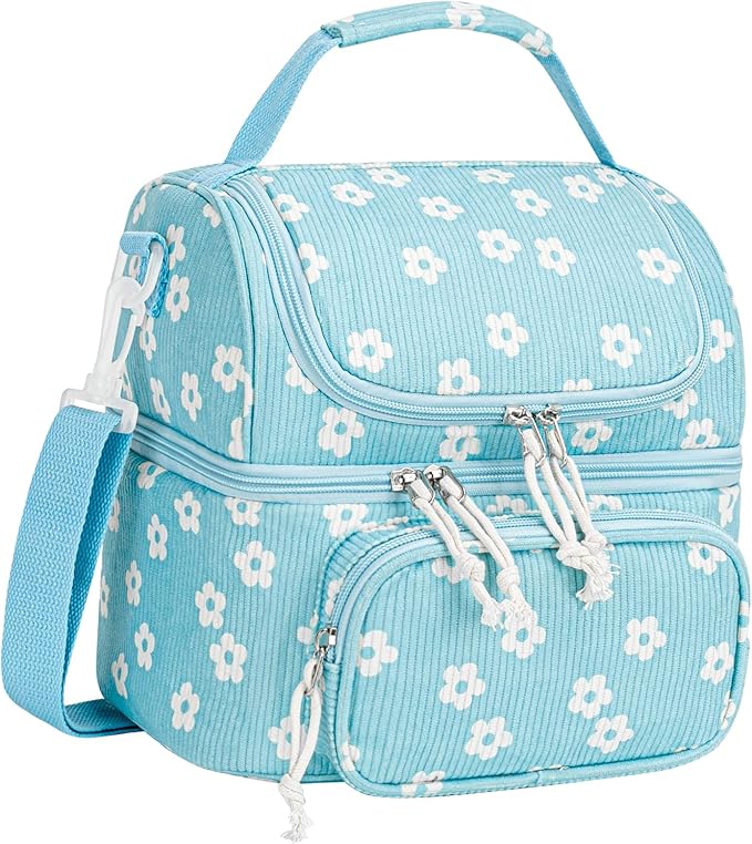 HowFly Lunch Bag for Women Insulated Lunch Boxes Corduroy Resuable Double Deck Lunch Box for Girls Teens Kigs Boys Portable Thermal Cooler Bags for School Work, Blue Flower