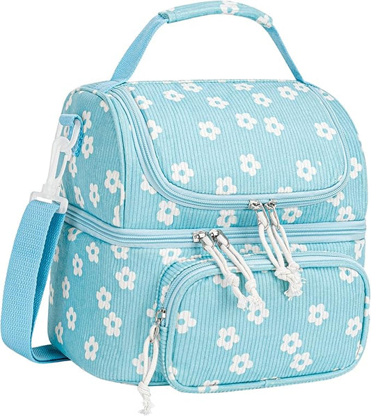 HowFly Lunch Bag for Women Insulated Lunch Boxes Corduroy Resuable Double Deck Lunch Box for Girls Teens Kigs Boys Portable Thermal Cooler Bags for School Work, Blue Flower