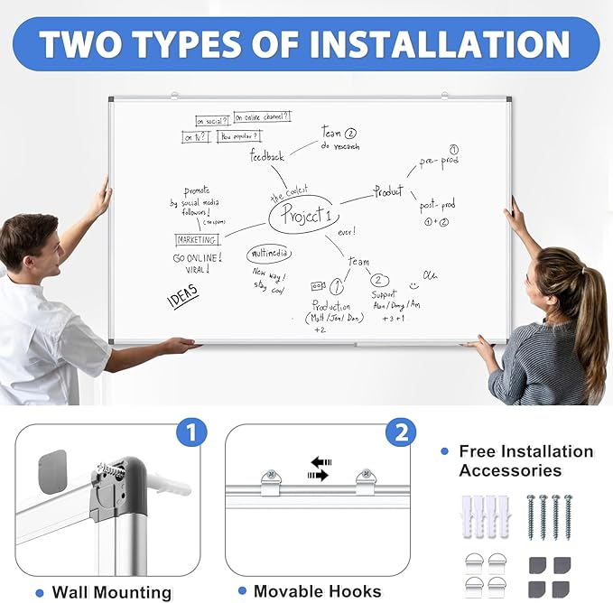 WALGLASS Large White Board, 72" x 48" Double-Sided Dry Erase Board Magnetic Whiteaboard for Wall, Hanging Mounted Whiteboard Silver Aluminium Frame for Home, School, Office