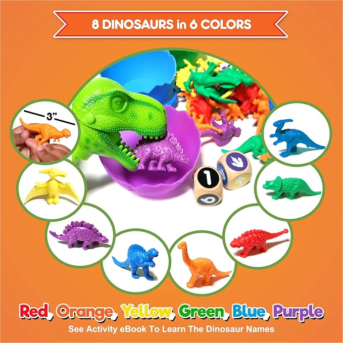 Jumbo Sorting & Counting Dinosaurs Matching Game - Educational Dinosaur Toys for 3 4 5 Year Olds with 54 Math Manipulatives, Dino Grabber, Toddler Games Dice, Toy Storage & Kids Activities eBook