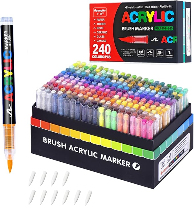 Guangna Acrylic Paint Markers,240 Colors with Direct-Liquid Ink Control System, Professional-Grade Paint Pen for Rock Painting, Canvas, Glass, Plastic, Fabric & Creative Crafts