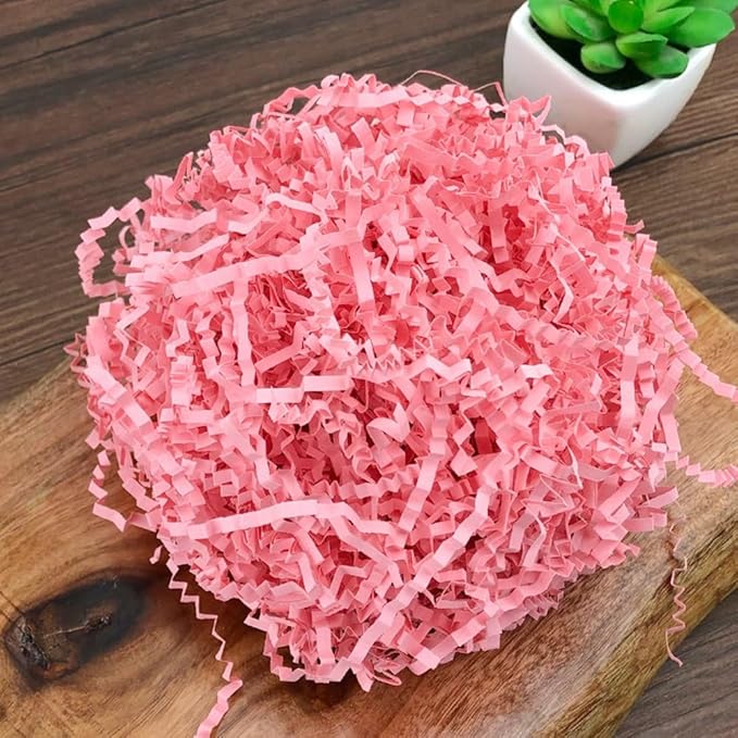 Crinkle Cut Paper Shred Filler, Raffia Paper Shredded Paper Stuffing for Gifts Wrapping Baskets Box Filling Easter Party Supply (Pink)