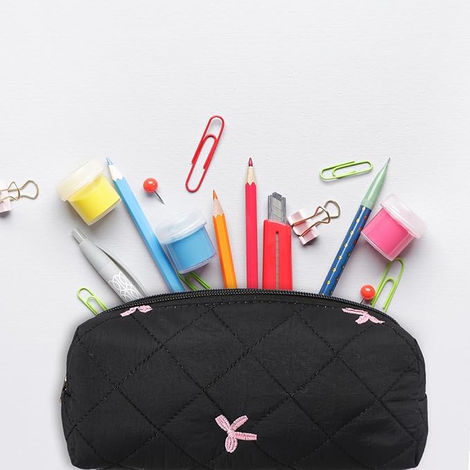 Sherr Black Coquette Bow Pencil Case Pink Bow Cute Pencil Pouch Soft Cotton Storage Bag Aesthetic Pattern Gift Makeup Pouch Cosmetic Travel Bag for Women