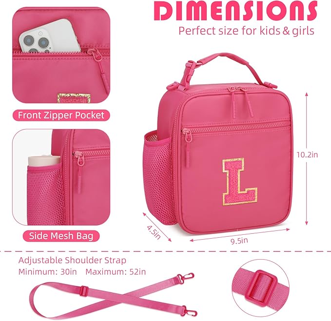 Initial Insulated Lunch Bag for Girls Kids, Back to School Gift, Reusable Leak-proof Lunch Box with Adjustable Strap for School Daycare Travel Picnic (Rosy Red,L)