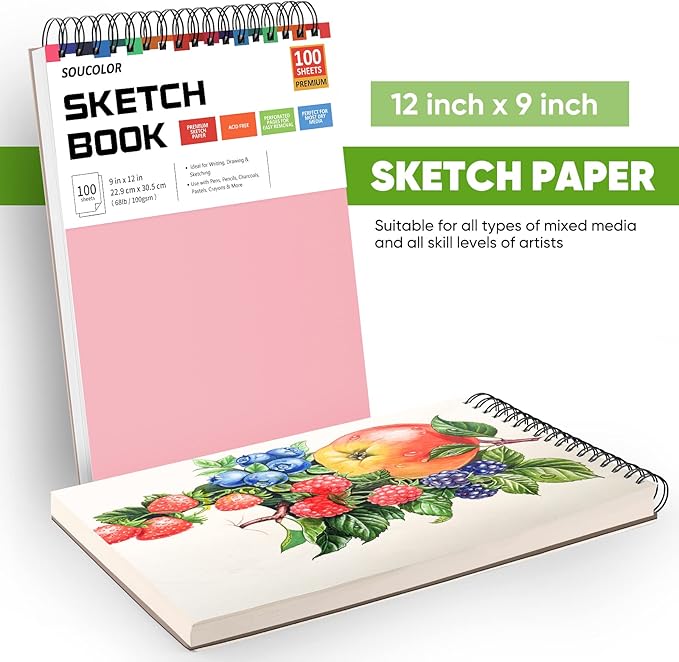 Art Supply Set - Sketching & Drawing Kit, Sketchbook Art Paper for Adult Artists, Soucolor 9" x 12" Sketch Book, 2 Pack 100 Sheets Spiral Bound Sketchbook, Acid Free