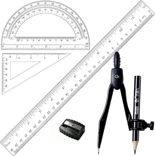 5 Pcs Plastic 12 Inch Ruler Set,Compasses,6 Inch Protractor,Set Square Student Geometry Math Set Durable Transparent Drawing Measuring Rulers for School Office (4)