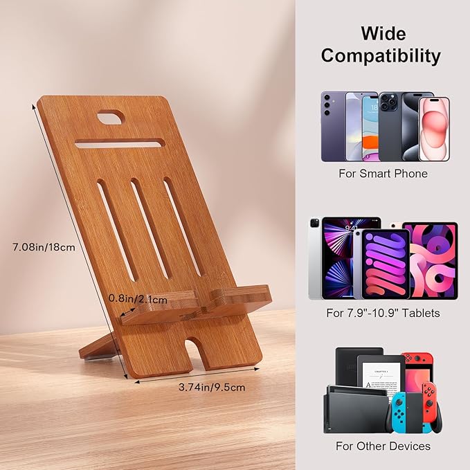 Pezin & Hulin Bamboo Cell Phone Stand, Wood Dock Holder, Portable Desktop Phone Rack, Compatible with Mobile Phone and Tablet -Slim Version (Brown)
