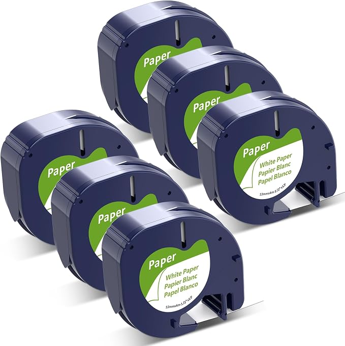 6-Pack 91330 Compatible with Dymo LetraTag Label Tape Refills | 12mm x 4m (1/2" x 13') White Paper, Compatible with Dymo Label Maker LT-100H, LT-100T, Easy-Peel, Strong Adhesive