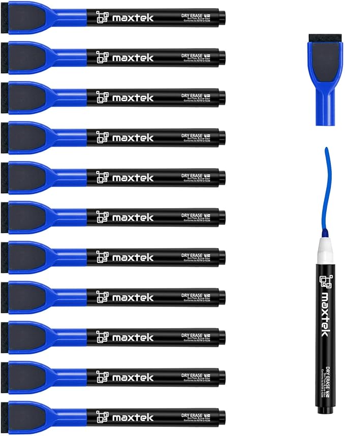 maxtek Magnetic Whiteboard Markers - 12 Count Blue Fine Tip Dry Erase Markers with Eraser for Kids, Low Odor Thin Markers for Calendar Boards