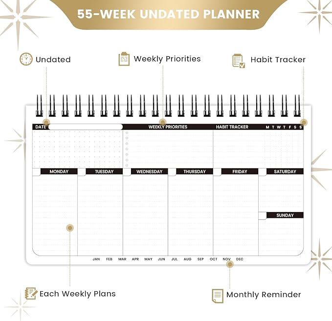 Weekly Planner - Undated Planner for Whole Year, Weekly To Do List, Planner Daily Weekly and Monthly, Goals Scheduled Planner with Habit Tracker, 55 Weeks, 6.3''x11.2''