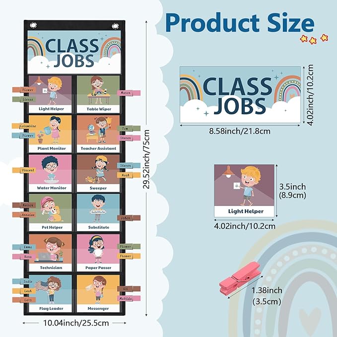Pasimy Class Jobs Pocket Chart Class Helpers Pocket Chart Classroom Jobs Cards with Clips and Hooks Teacher's Helper Bulletin Board Set for Back to School Classroom Teacher Supplies (Boho)