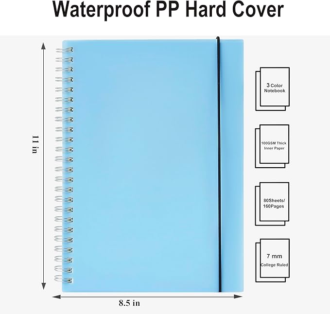 3 Pack Spiral Notebooks, Large Notebook College Ruled 8.5" x 11" 100GSM 7mm College Ruled, 80 Sheets/160 Pages, College Ruled Notebook for School, Office, Sketch