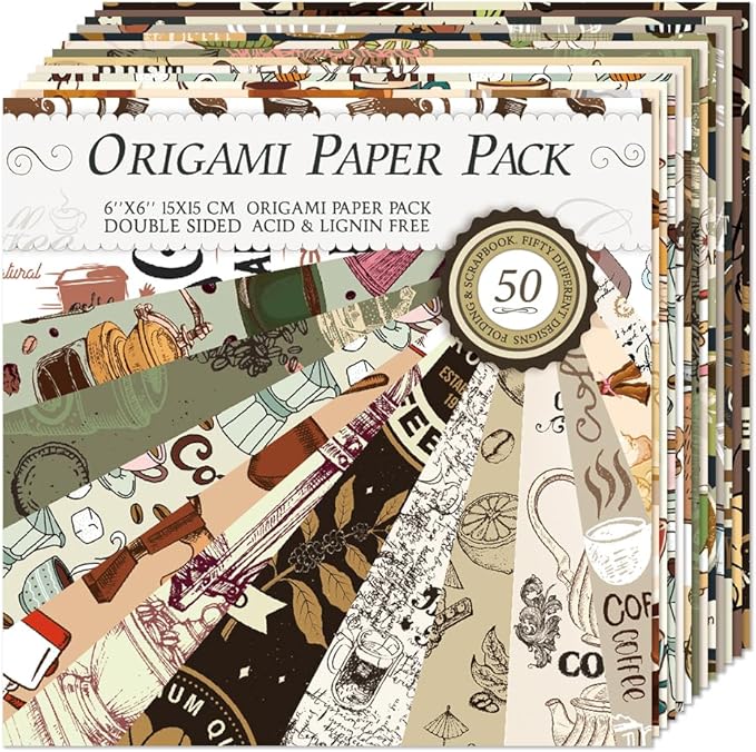 Square Origami Paper 6x6 Double Sided 50 Sheets 50 Colors 70GSM Origami Kit Japanese Chiyo Easy Fold Arts Crafts DIY Handwork Coffee