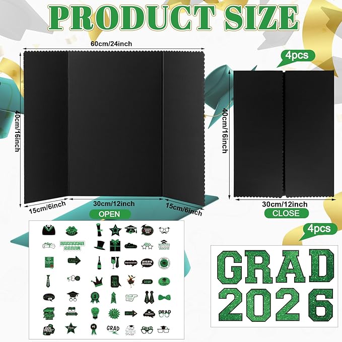MiniInflat 4 Set 2026 Graduation Picture Trifold Poster Board Double-Sided Foldable Photo Display Board Graduation Decoration for Class of 2026 High School College DIY Craft(Green,24 x 16 Inches)
