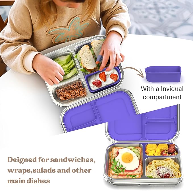 BABHAMNESS Stainless Steel Bento Box Kids, 3 Compartments Leak Proof Metal Bento Lunch Box, 304 Stainless Steel Bento Lunch Containers for School and Office,Dishwasher Safe, BPA-Free-Purple