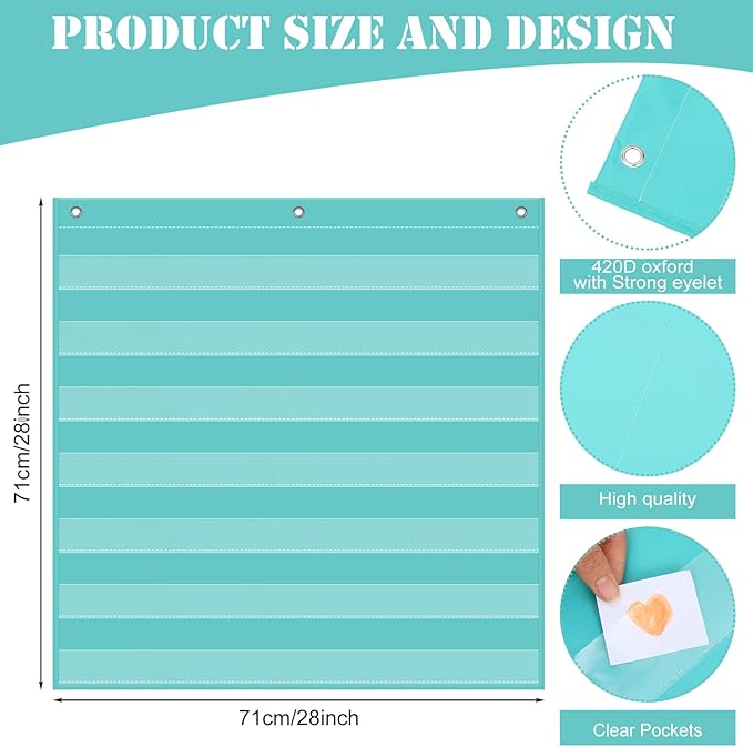 Standard Pocket Chart 28 x 28 Inches Transparent 7 Pocket Charts for Word Walls Letter Cards Sentence Strips School Classroom Supplies Home Back to School Teacher Gifts(Aqua Green)