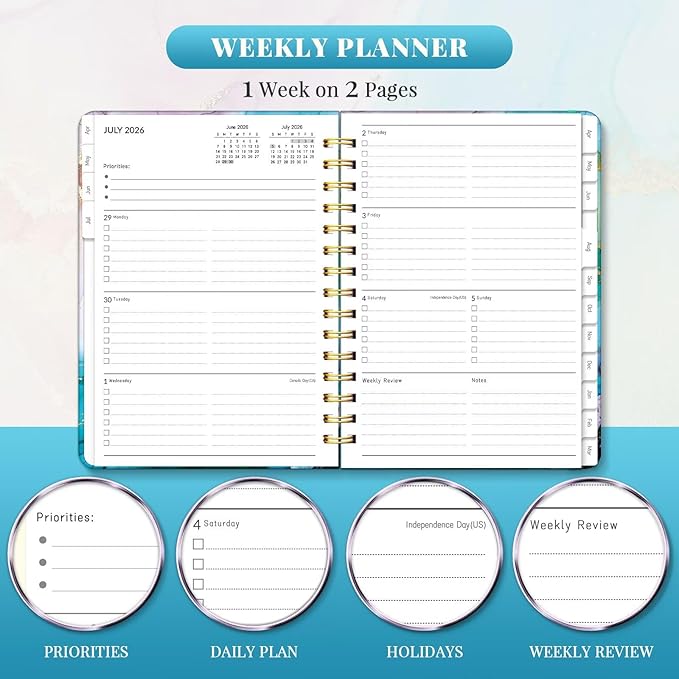 Lonely Oak Academic Planner 2026-2027, Daily Weekly and Monthly Agenda Planner 6.18" x 8.5" with Tabs, 15 Months Spiral School Year A5 Calendar from Apr.2026 to Jun.2027 for Student and Teacher (Cyan Marble)