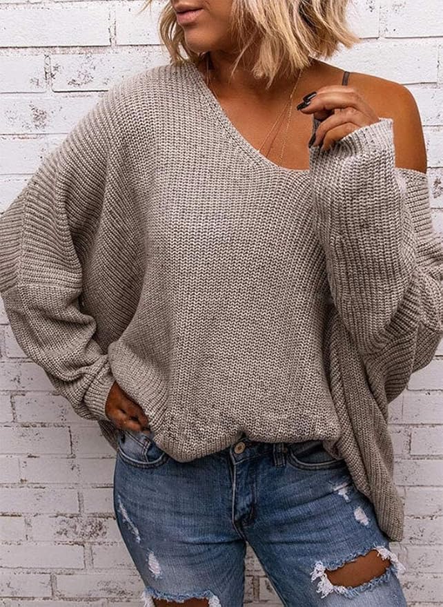 BZB Women's V Neck Long Sleeve Knit Loose Oversized Pullover Sweater Top