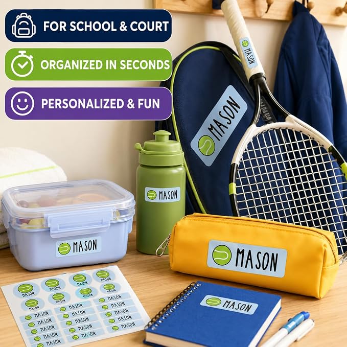 Andaz Press Custom Personalized Waterproof School Name Labels, Tennis, 120-Pack, Kids Labels Combo Pack, Customizable Multi-Use Name Stickers for Preschool, Daycare, Supplies, Office, Water Bottle