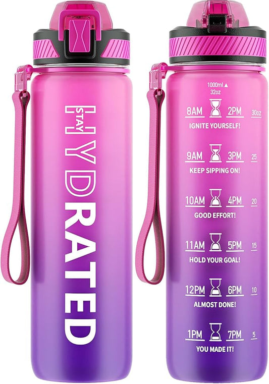 QLUR Water Bottle with Straw, 32oz Motivational Water Bottles with Time Marker to Drink, Tritan BPA Free, 1L Sports Water Bottle with Carry Strap LeakProof for Women Gym Fitness Outdoor (1 Pack)