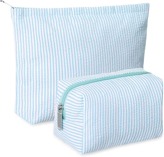 Huhumy 2 Pcs Makeup Bag Set for Women, Light Blue, Thin Striped Seersucker | Cute Cosmetic Pouch Women Travel Toiletry Bag Preppy Small Makeup Purse Pouch Aesthetic Skincare Brushes Storage Organizer
