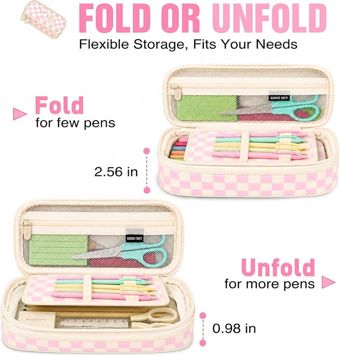 Pencil Case, Large Capacity Aesthetic Pencil Cases with Durable Zipper, Big Stationery Pencil Pouch for Women & Men , Adults Portable Storage Organizer Bag for College, Office, Travel (Pink Grid)