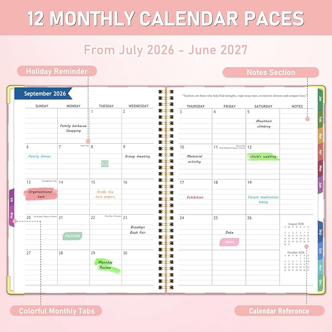 Teacher Planner 2026-2027, Jul 2026-Jun 2027 Academic Year, 8.5" x 11" Lesson Planner Book for Teacher Calendar, Spiral Bound Planners, Colorful Monthly Tabs, Planning Stickers, PinkCheckered