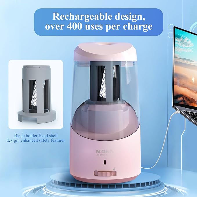 M&G Pink Electric Pencil Sharpener, Portable Automatic Pencil Sharpener for Colored Pencils, Auto Stop, Super Sharp & Fast, USB Operated for 6-8mm Pencils for Kids, School, Office, Home (Pink)