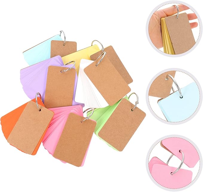 NUOBESTY Blank Card Set 350Pcs 2.75X1.57 Inch Loose-Leaf Note Pads with 7 Rings Hand Painting Cards for Study Flashcards Diy Memo Book Travel Office