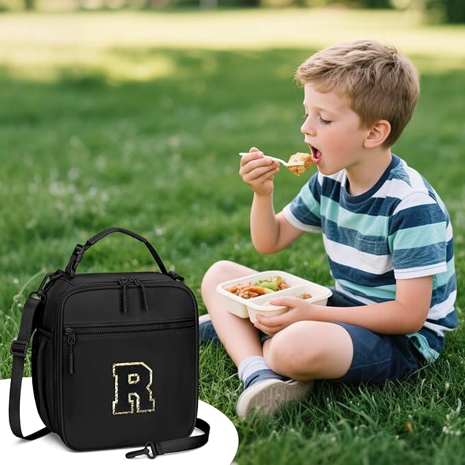 Initial Insulated Lunch Bag for Boys Kids, Back to School Gift, Reusable Leak-proof Lunch Box with Adjustable Strap for School Daycare Travel Picnic（Black，R）