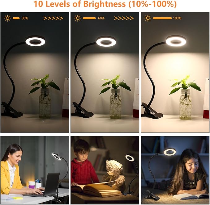Woputne Desk Clip on Lamp for Reading Home Office, with 5V 2A Adapter, 10 Dimmable Brightness 3 Modes, Clamp Reading Light for Bed Headboard, Craft (Black)…