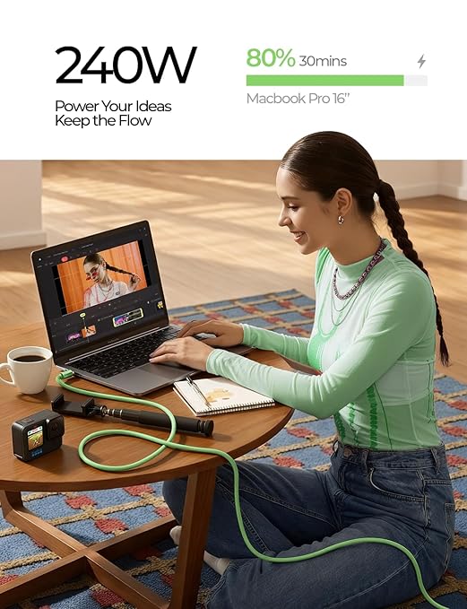 LISEN 10FT USB C Cable Fast Charging, Chubby 240W Cable USB C to USB C Fast Charging Soft Silicone USBC to USBC Parallel Cable for iPhone 17 Pro Max 16 15 Samsung S25 Ultra MacBook Pro Air iPad Green