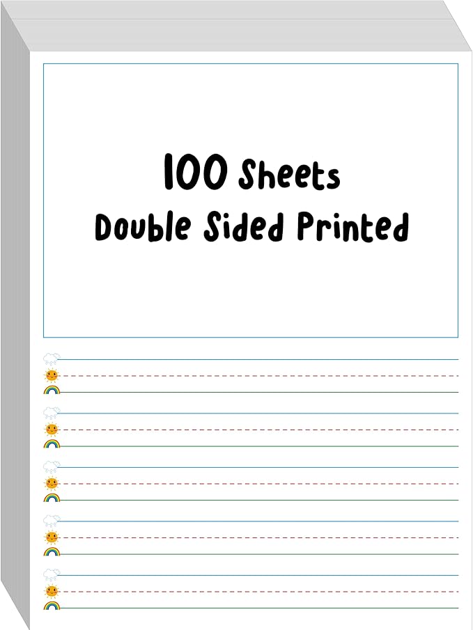 100 Sheets Ruled Writing Paper, Double-Sided Printing 1” Line Spacing with Blank Area Handwriting Writing Paper with Dotted Lines Practice Paper for Kindergarten Toddlers Kids (8” x 10.6”)