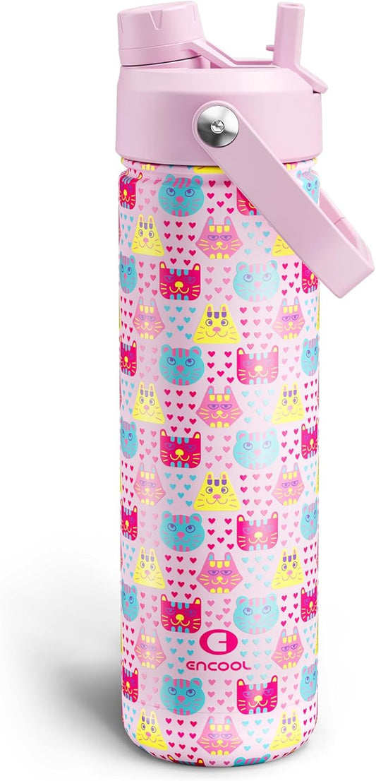 ENCOOL Insulated Water Bottle with Straw Stainless Steel Water Bottle, Leak-Proof, BPA-Free, Double Wall Vacuum Keeps Cold for 24 Hours for Sports, Travel, School (26 oz, Macaron Cat)