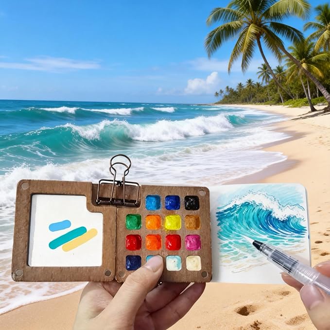 Portable Mini Watercolor Paint Set, 24 Colors Travel Watercolor Kit with Wooden 15 Grid Palette, Sketchbook, Brush & Waterproof Bag for Beginners, Artists, Outdoor Painting