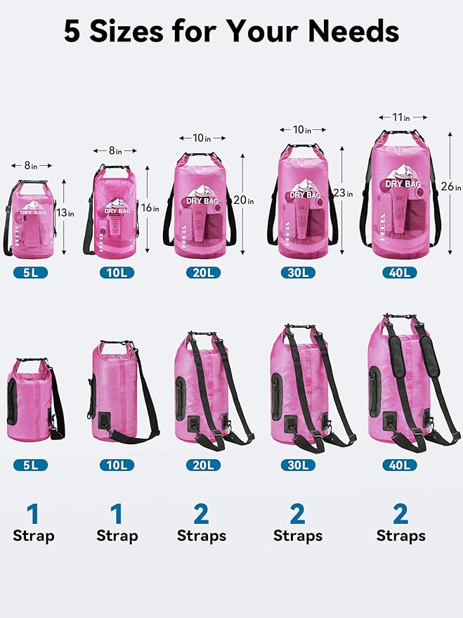 HEETA Dry Bag Waterproof Backpack with Phone Case 5L/10L/20L/30L/40L | Roll Top Lightweight Dry Storage Bag for Women Men, Travel Boating Kayaking Paddle Board Camping Beach Essentials Accessories