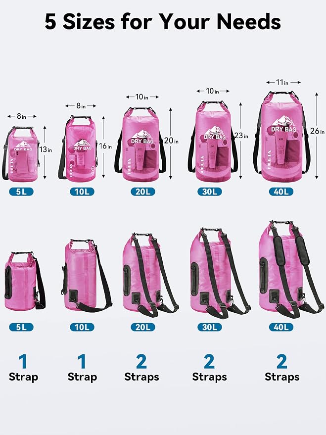 HEETA Dry Bag Waterproof Backpack with Phone Case 5L/10L/20L/30L/40L | Roll Top Lightweight Dry Storage Bag for Women Men, Travel Boating Kayaking Paddle Board Camping Beach Essentials Accessories
