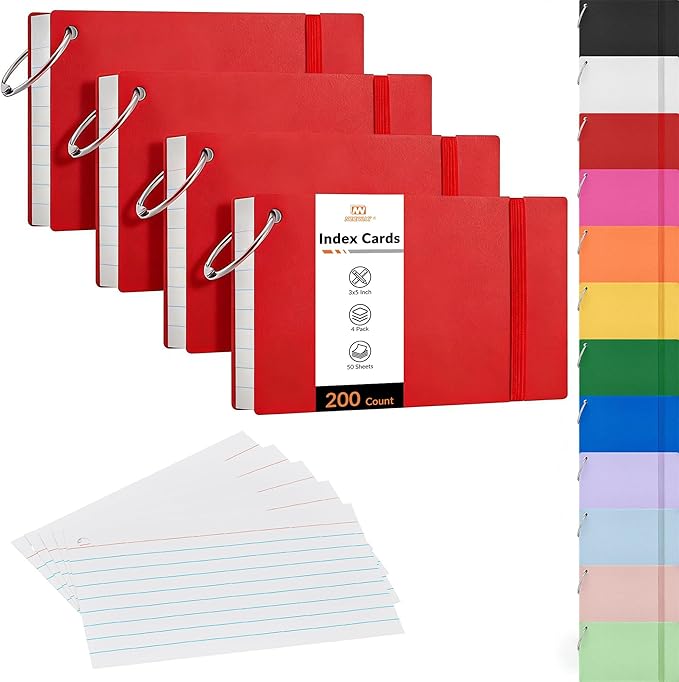 NEEWAY Ruled Index Cards with Ring 3x5 Inches, 200 Count Note Cards Lined, Flash Cards with Rings for Studying, Home and Office (Red)