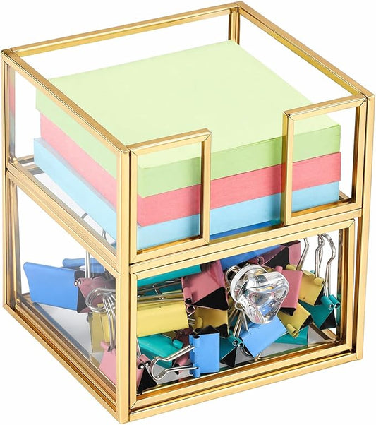 BTSKY Golden Glass 3x3 Inch Sticky Note Holder with Drawer, Elegant Post It Note Dispenser with Non-Slip Pads Clear Notepad Holder for Desk Organization Planning, Home Office Decor