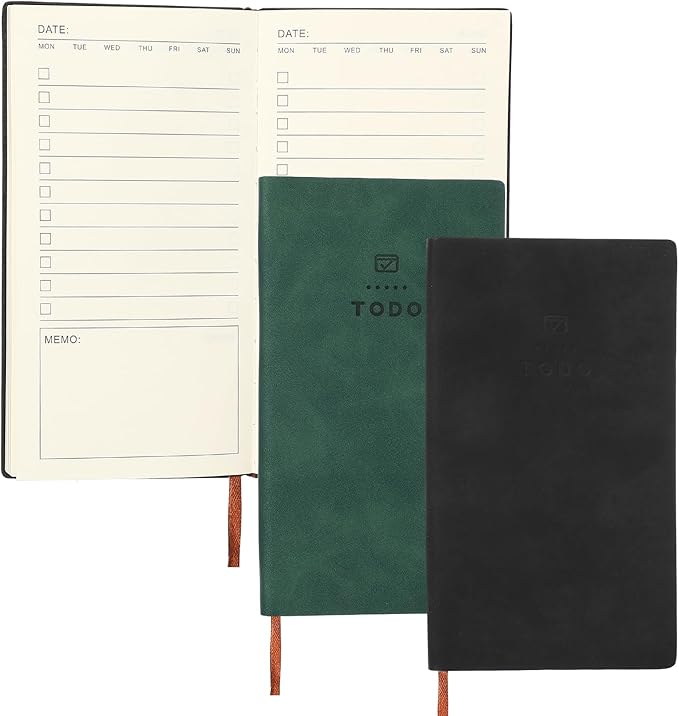 PATIKIL 2Pcs Planner Notebook, A6 100 Sheets Undated to Do List Daily Weekly Monthly Goals Tracker Pocket Notebook for Office Study Time Management Fitness Weeding, Black/Green