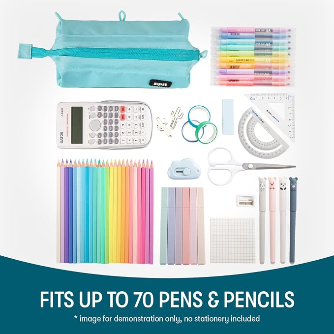 ZIPIT Lenny Pencil Case, Wide-Opening Zipper Pouch for Girls and Boys, Teal