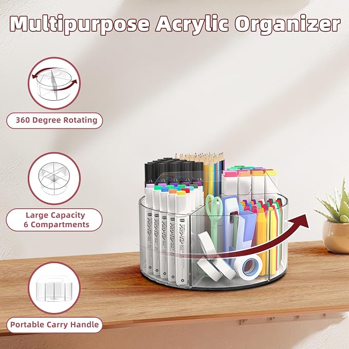 Absonic 500 PCS Acrylic Pencil Holder, 360 Rotating Clear Marker Organizer, Pen Crayon Marker Caddy Organizer for Desk, Desktop Storage and Organizer for Office School Art Supplies, 2 Pack