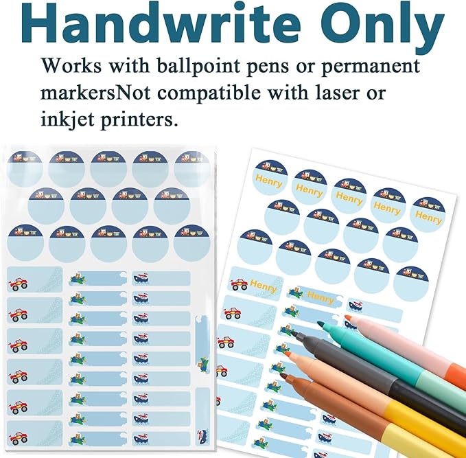 Daycare Name Labels for Kids, 360pcs Waterproof & Removable Name Stickers for Water Bottles, Lunch Boxes and School Daycare Name Tag (Truck)