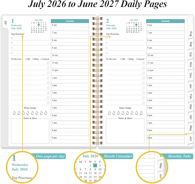 2026-2027 Daily & Monthly Planner - One Page Per Day, Daily Planner from July 2026 to June 2027, Planner 2026-2027 with 12 Monthly Tabs, 6.4" x 8.5", Rose Flower