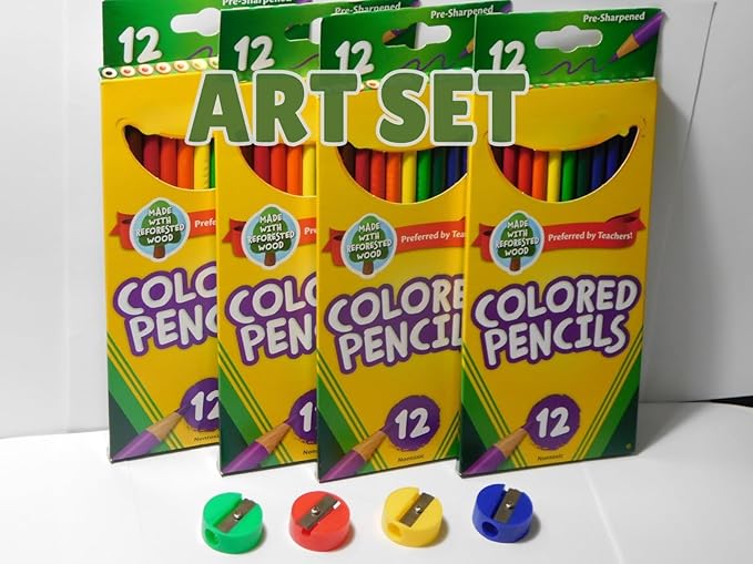 Back to School – 52 Piece Art Supply Bundle – 4x Colored Pencil Packs (12ct) + 4x Sharpeners – School & Home – Gift Ready by Aleluya Art.