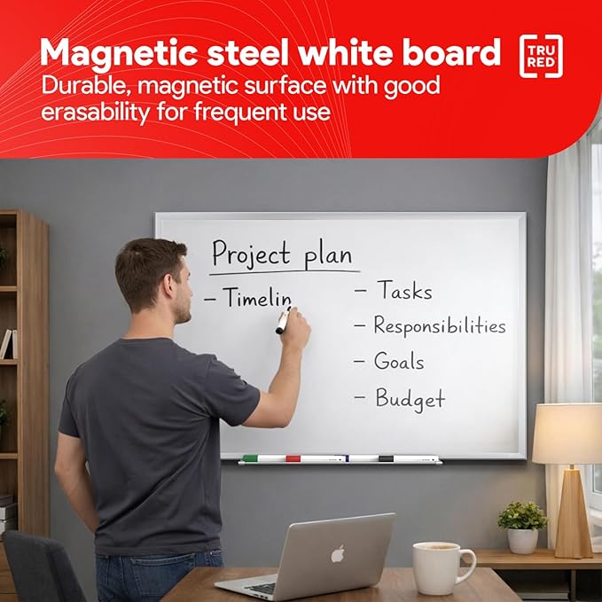 TRU RED Steel Magnetic Whiteboard | Dry Erase Board for Wall, White Board with Satin Frame, 3 ft x 2 ft, + 4 Multicolor Markers