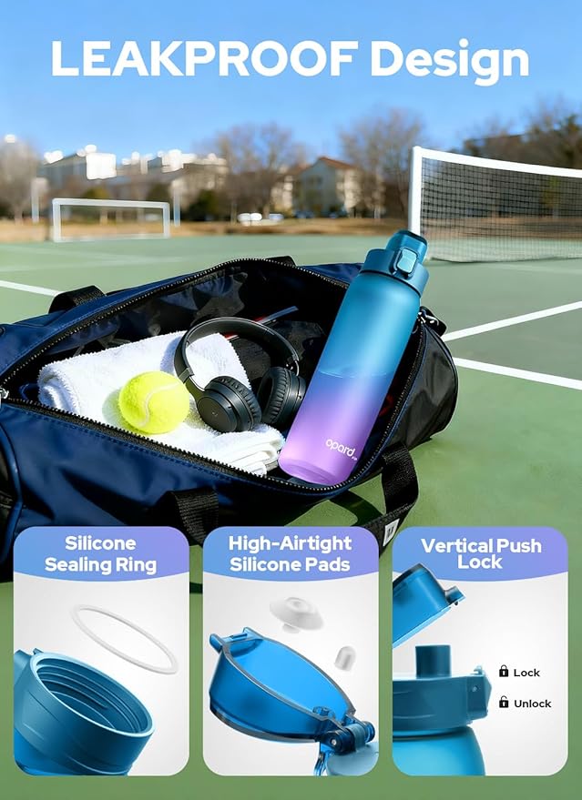Opard Zip 32oz Plastic Water Bottle Dishwasher Safe, Leakproof Flip-Top Lid, BPA Free Tritan, Wide Mouth Reusable Sports Water Bottle for Gym Hiking Commuting Outdoor Travel and School